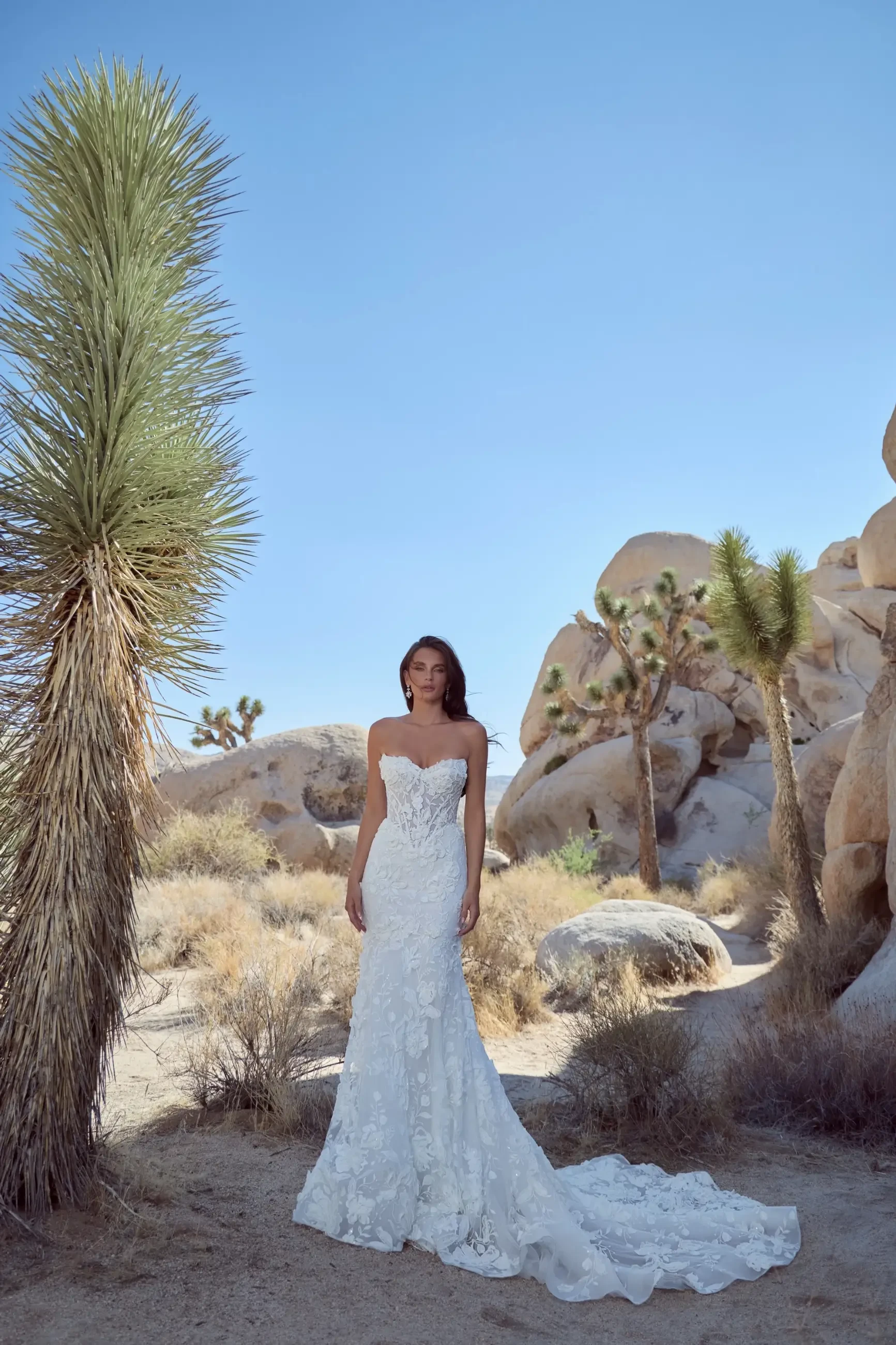 A woman in a strapless, lace wedding dress stands in a desert landscape with large rocks and Joshua trees under a clear blue sky, conveying elegance and serenity.
