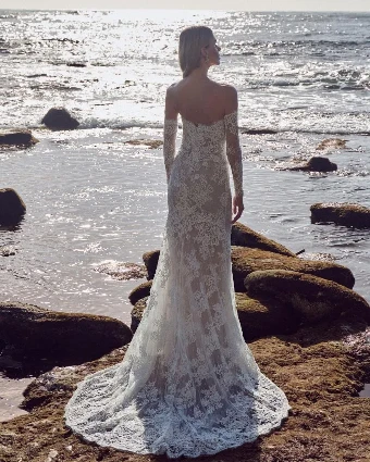 Calla Blanche Sylvia 3D Lace Sheath Wedding Dress with Detachable Overskirt and Sleeves #1 thumbnail